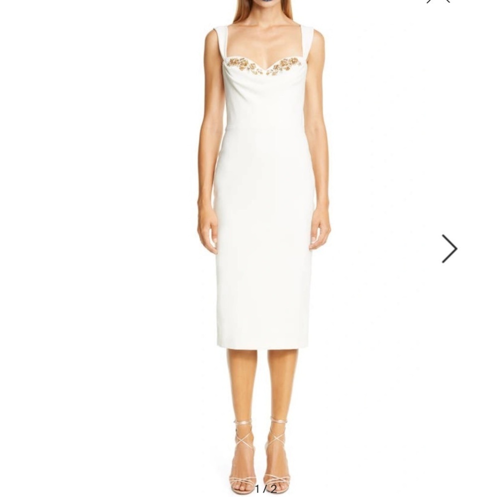 Marchesa Notte Crystal Embellished Cowl Neck Cocktail Dress In Ivory
